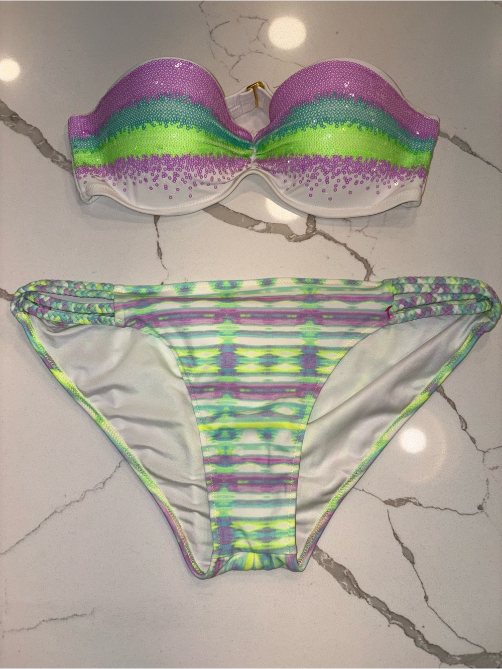 Victoria's Secret Strapless Two-Piece Bikini - Violet, Lime & White